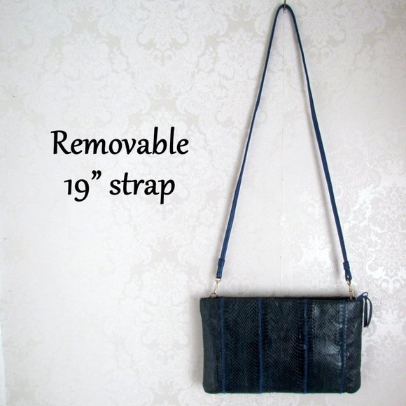 SNAKE SKIN BAG, VINTAGE CLEMENTE CLUTCH, BLUE, REMOVABLE 19" SHOULDER STRAP, EUC - Picture 2 of 7